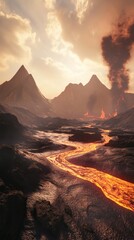 Molten river flows through volcanic landscape at sunset.