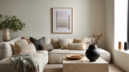 Neutral seating corner with beige linen couch and minimal wall art  
