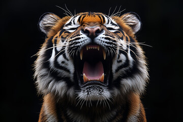 Obraz premium Striking portrait of a Bengal tiger, a wild feline with distinctive black stripes on its orange fur