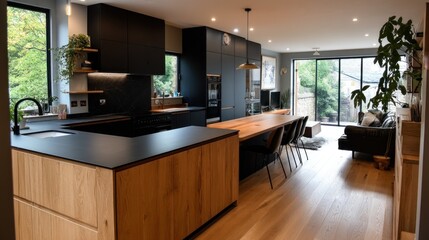 Open-plan kitchen with matte black fixtures and natural oak cabinets  