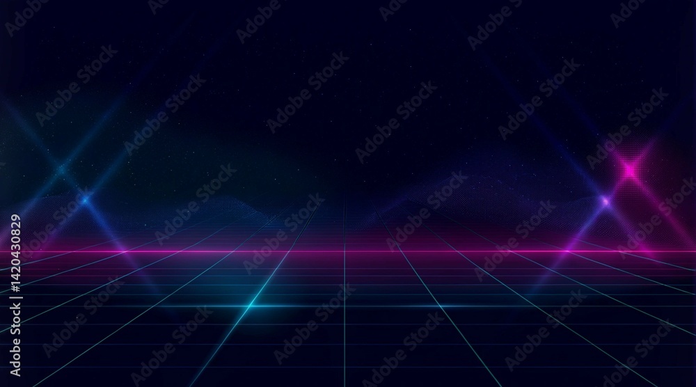 Aufkleber synthwave vaporwave retrowave cyber background with copy space, laser grid, starry sky, blue and pur