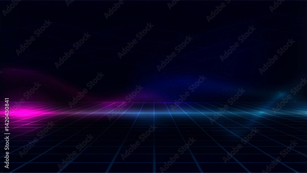 Poster synthwave vaporwave retrowave cyber background with copy space, laser grid, starry sky, blue and pur