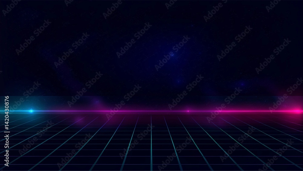 Poster synthwave vaporwave retrowave cyber background with copy space, laser grid, starry sky, blue and pur