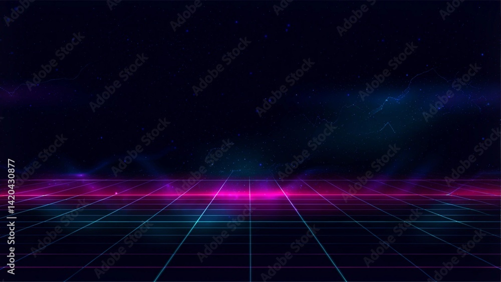 Aufkleber synthwave vaporwave retrowave cyber background with copy space, laser grid, starry sky, blue and pur