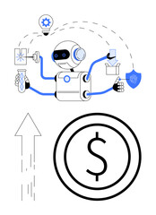 Robot with multiple arms engaged in tasks thumbs up DNA analysis, innovation, and security, accompanied by growth and finance symbols. Ideal for AI, technology, automation, research, innovation