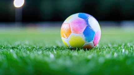 Fototapeta premium Vibrant multi-colored soccer ball on a grassy field at night