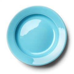 A top down view of a shiny light blue plate on a white background plain