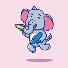Cute vector illustration of a joyful baby elephant holding two water guns with great excitement, celebrating Thailand’s Songkran water festival in a fun and festive mood.