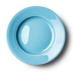 A top down view of a light blue ceramic plate on a white background plain