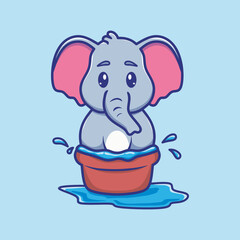 Cute vector illustration of a happy baby elephant joyfully soaking in a water filled basin, celebrating the Songkran water festival with playful delight.