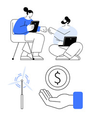 Two people using a tablet and laptop in a conversation wind turbine, dollar coin, and open hand. Ideal for teamwork, innovation, sustainability, finance, technology, clean energy simple landing page