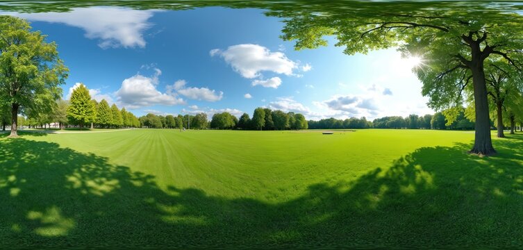 Panoramic view of Alwin-Mittasch Park in Ludwigshafen. Green grass field, treeline, blue sky with white clouds. Sunlight between trees. Peaceful rural scenery, summer mood. 360 environment.