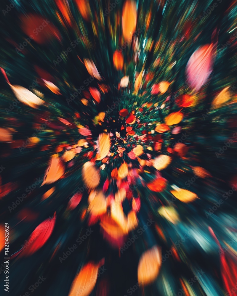 Poster a vibrant swirl of autumn leaves in various shades of red, orange, and yellow, creating a dynamic an