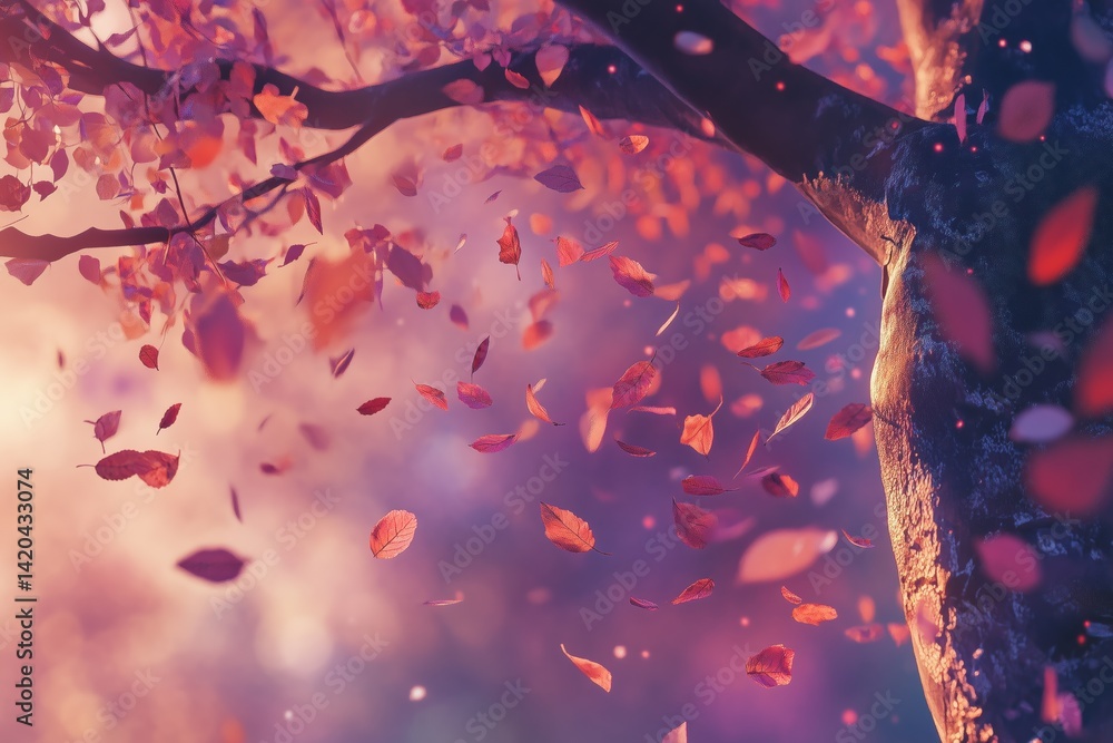 Poster a close-up view of a tree trunk with vibrant autumn leaves falling gently in a soft, dreamy atmosphe