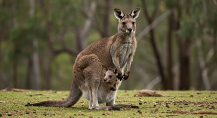 Fototapeta premium A mother kangaroo carrying her joey in her pouch in a natural habitat