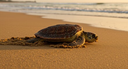 Sea turtle emerges from the ocean onto a sandy beach at golden hour