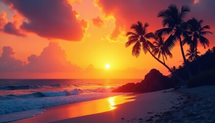 Golden sunrise paints palm trees silhouetted against vibrant ocean , green, ocean, color