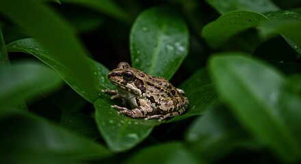 Obraz premium Spotted frog rests on verdant leaves in a tranquil natural setting