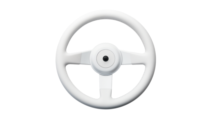 A white steering wheel with four spokes centered on a black background in a studio shot view design