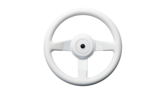 A white steering wheel with four spokes centered on a black background in a studio shot view design