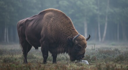 European bison grazing peacefully in a serene misty woodland setting