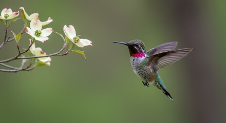 Fototapeta premium Hummingbird gracefully hovers near luminous dogwood blossoms in serene setting