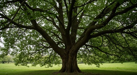 Obraz premium Majestic broadleaf tree with expansive canopy in a green meadow