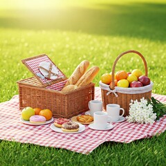Picnic basket with fruit and bakery on red cloth in garden.
