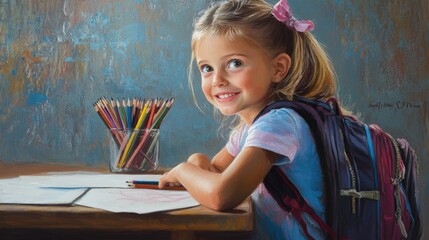 A young girl with long, curly hair sits at a classroom table, smiling as she holds a pencil and looks towards the camera.
