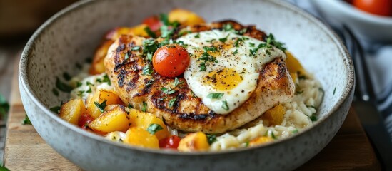 Grilled chicken breast with creamy risotto, fried egg, and roasted peaches.