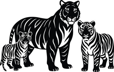 Obraz premium Tiger family silhouettes—mother and cubs