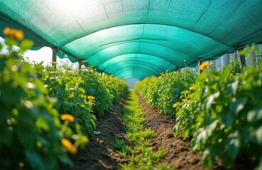 Shade net over rows of garden plants protects from sun. Green fabric structure creates shadow. Agriculture scene. Sun protection for crops. Greenhouses in farm. Growing plants in sunlight.