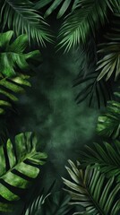Lush tropical foliage frame against a dark, textured backdrop.