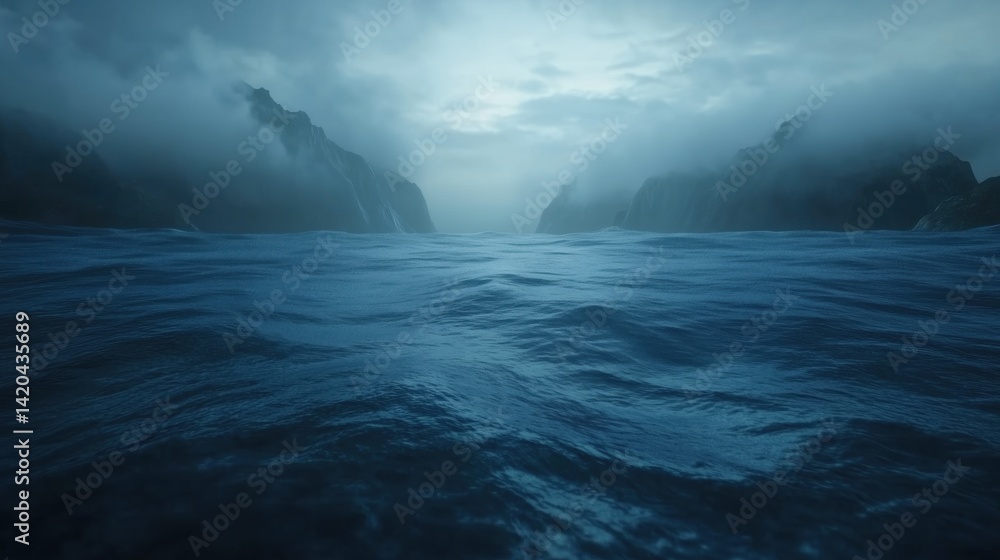 Poster a serene seascape with calm waters reflecting a moody sky. misty mountains frame the horizon, creati