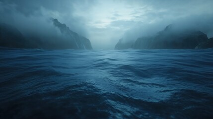 Naklejka premium A serene seascape with calm waters reflecting a moody sky. Misty mountains frame the horizon, creating a tranquil yet mysterious atmosphere.