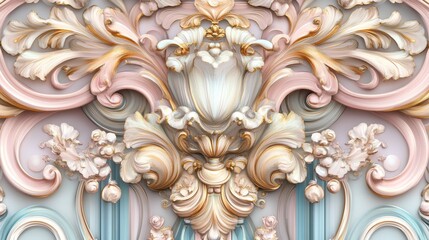 Intricate baroque ornamentation with pastel hues and gold accentuations