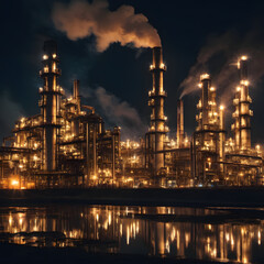 Fototapeta premium Night view of illuminated oil refinery complex reflecting on calm water Industrial architecture at night