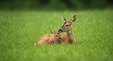 Fototapeta premium Gentle serenity, A nurturing doe and fawn embrace in emerald meadow