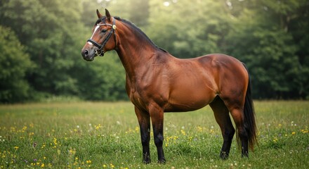 Fototapeta premium Majestic chestnut horse standing serenely in summer meadow filled with wildflowers