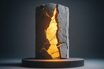 A podium resembling a cracked and peeling stone pillar, with its outer layers falling away to reveal a glowing inner core, creating a dramatic contrast of light and texture

