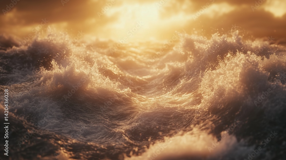 Poster a dramatic view of ocean waves illuminated by golden sunlight, creating a serene yet powerful atmosp