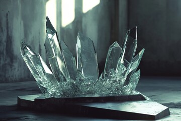 A podium with a jagged, shattered glass appearance, where shards intricately come together to form a solid structure, creating a striking and dynamic visual design

