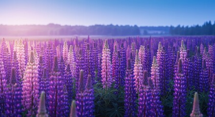 Majestic lupine flowers blooming in a vast field at dusk, creating a tranquil and serene landscape scene