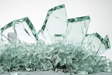 A podium with a jagged, shattered glass appearance, where shards intricately come together to form a solid structure, creating a striking and dynamic visual design

