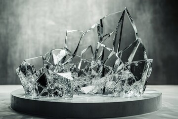 
A podium with a jagged, shattered glass appearance, where shards intricately come together to form a solid structure, creating a striking and dynamic visual design


