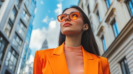 A confident young woman with short curly hair stands outside a modern glass building, wearing a bright orange coat and glasses.