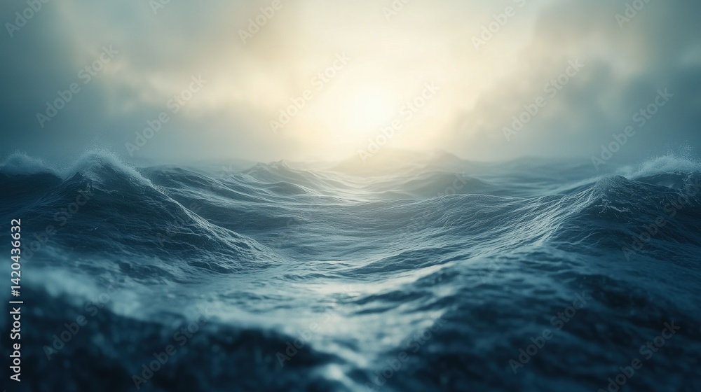 Poster a serene view of ocean waves under a cloudy sky, with soft sunlight breaking through the clouds, cre