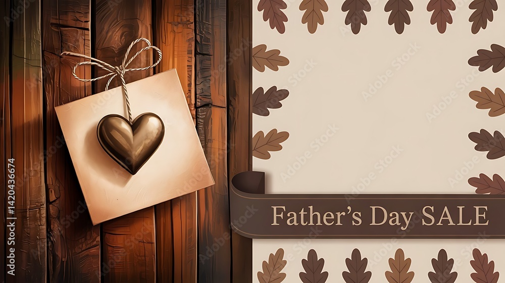 Fototapete simple father's day card design with a large heart hanging from string, brown decor, sale banner, an