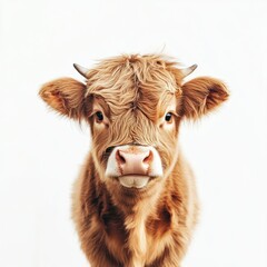 Close up portrait of a fluffy brown highland cow on a white background
