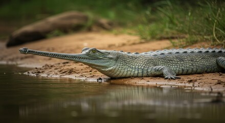 Obraz premium Gharial basking elegantly by the water's edge showcasing unique snout
